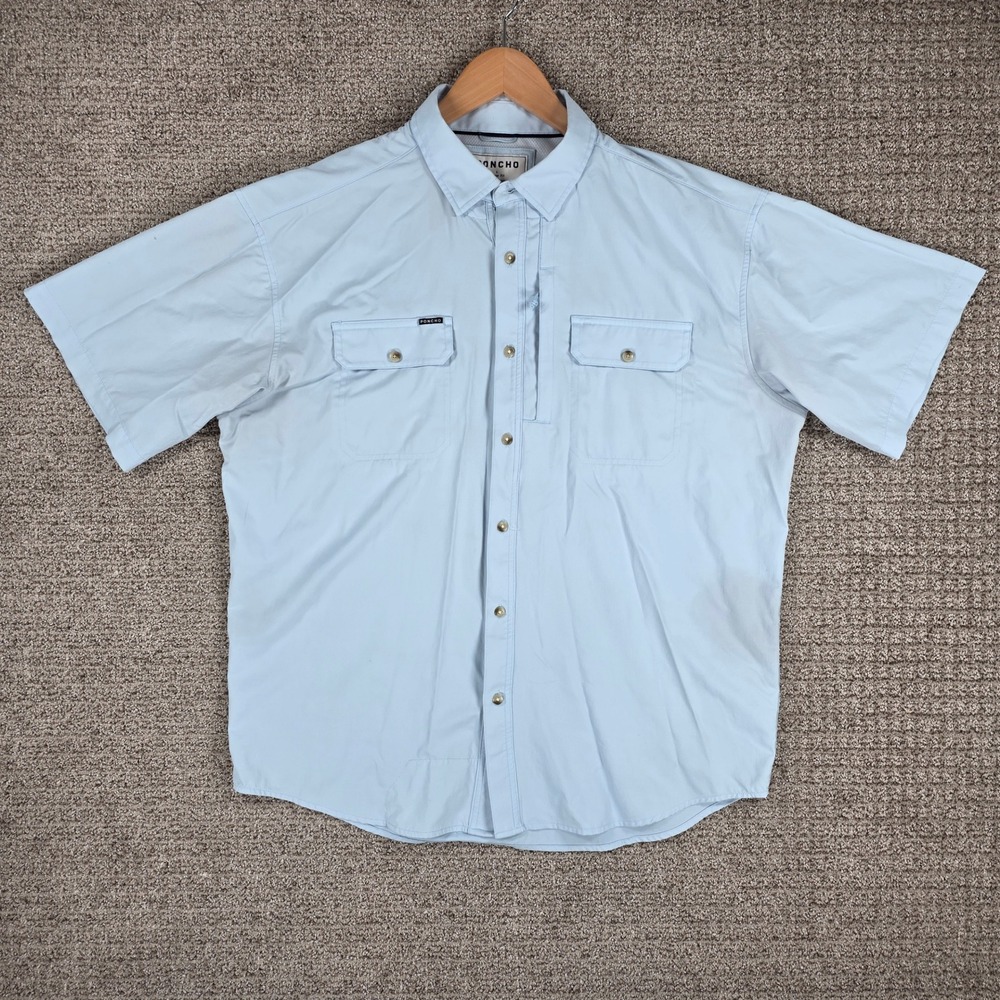 Poncho Mens Large Regular Fit Short Sleeve Fishing Shirt Blue *FLAWED READ*
